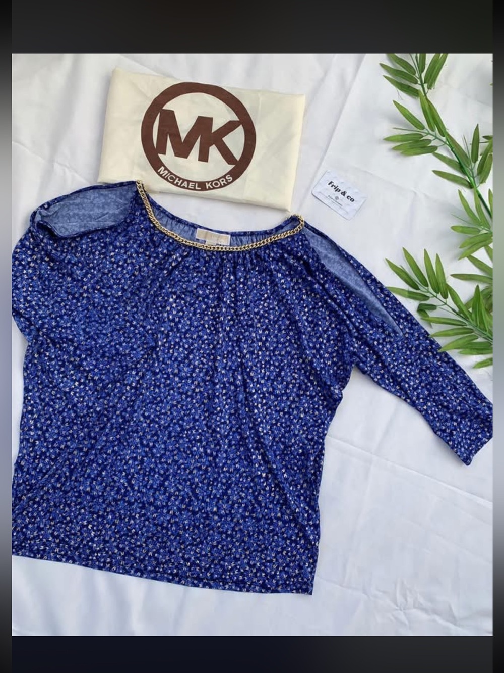 Michael Kors Navy Floral Chain-Neck Pullover Dolman 3/4 Sleeve Blouse Sz Small